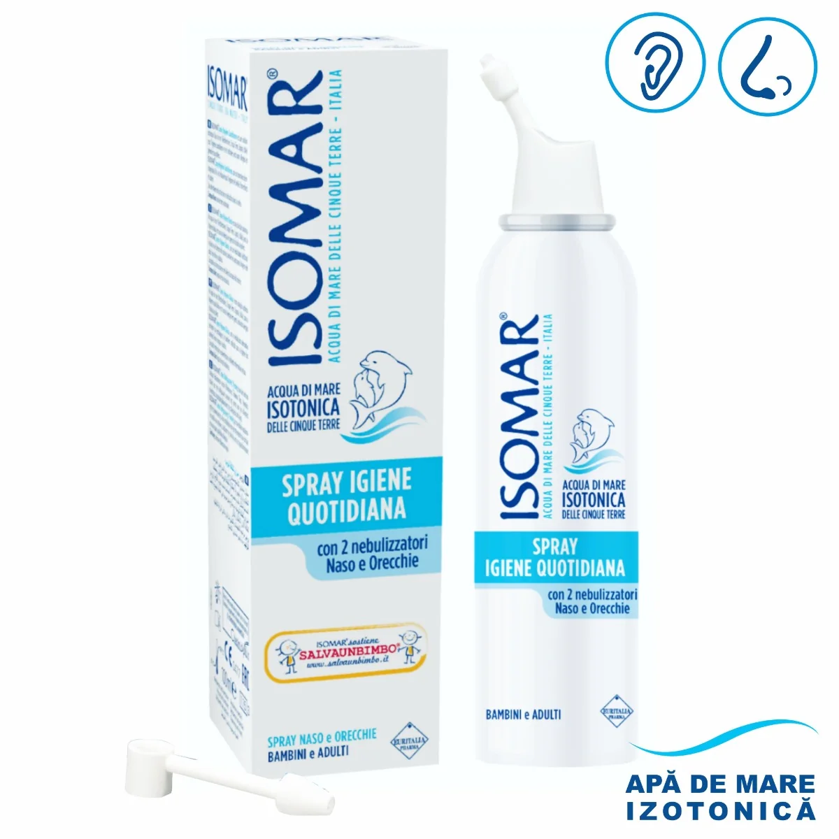 Spray nazal si de urechi Isomar cu apa de mare izotonica 12+, 100ml, Euritalia