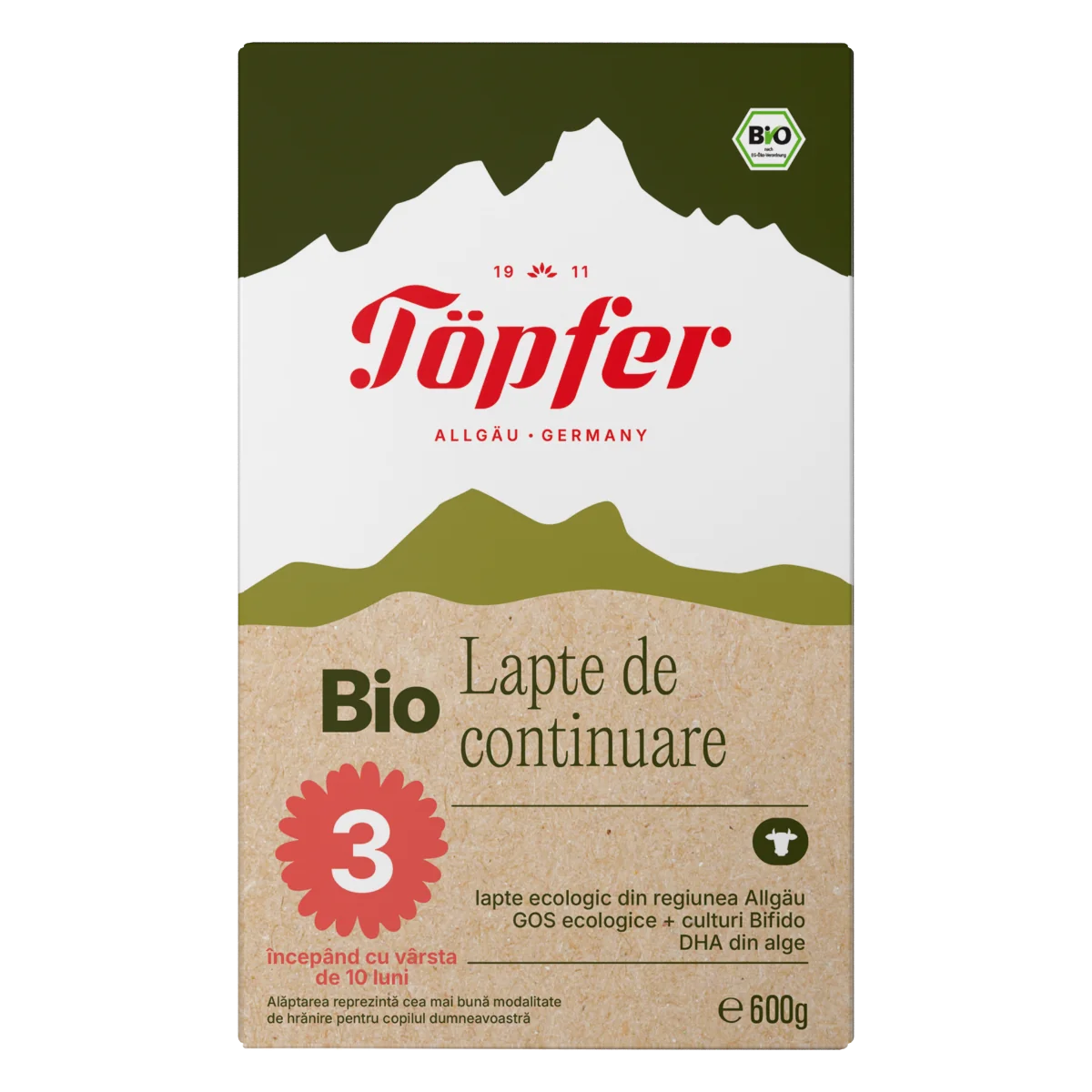 Lapte praf Bio 3 de la 10 luni, 600g, Topfer 