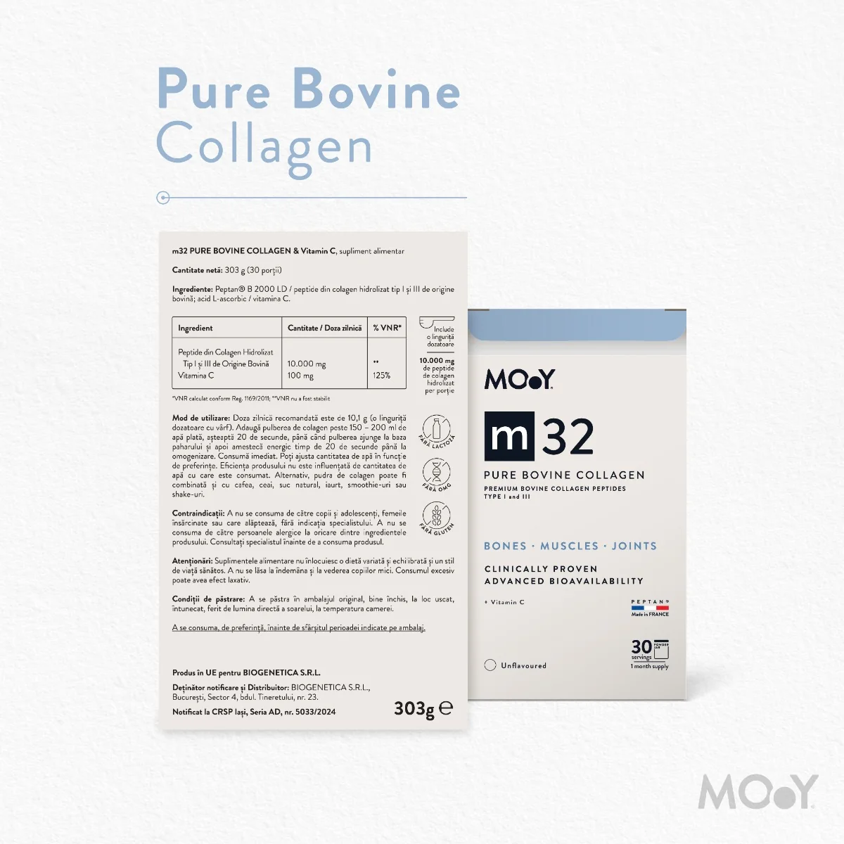 Colagen bovin pur cu vitamina C M32, 303g, Molecules of Youth
