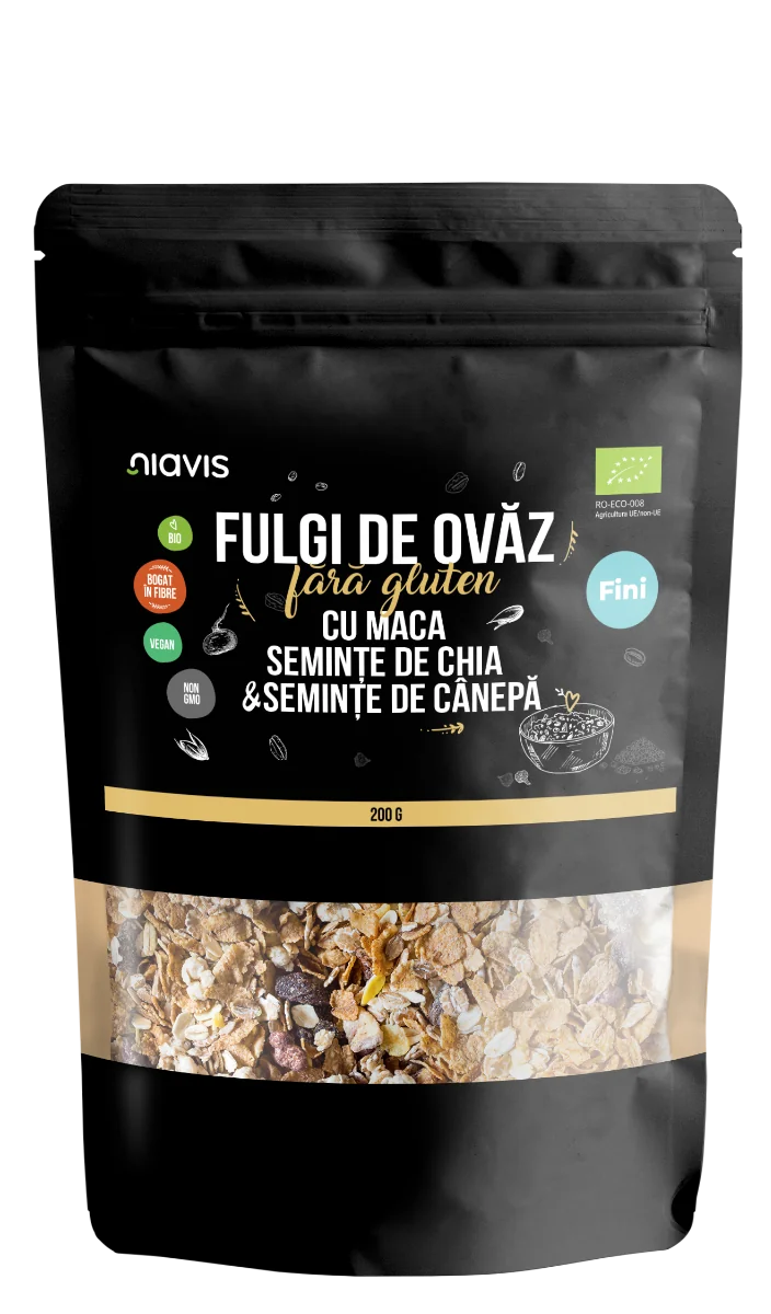 Fulgi de ovaz fini fara gluten cu maca, chia si seminte de canepa Eco, 200g, Niavis