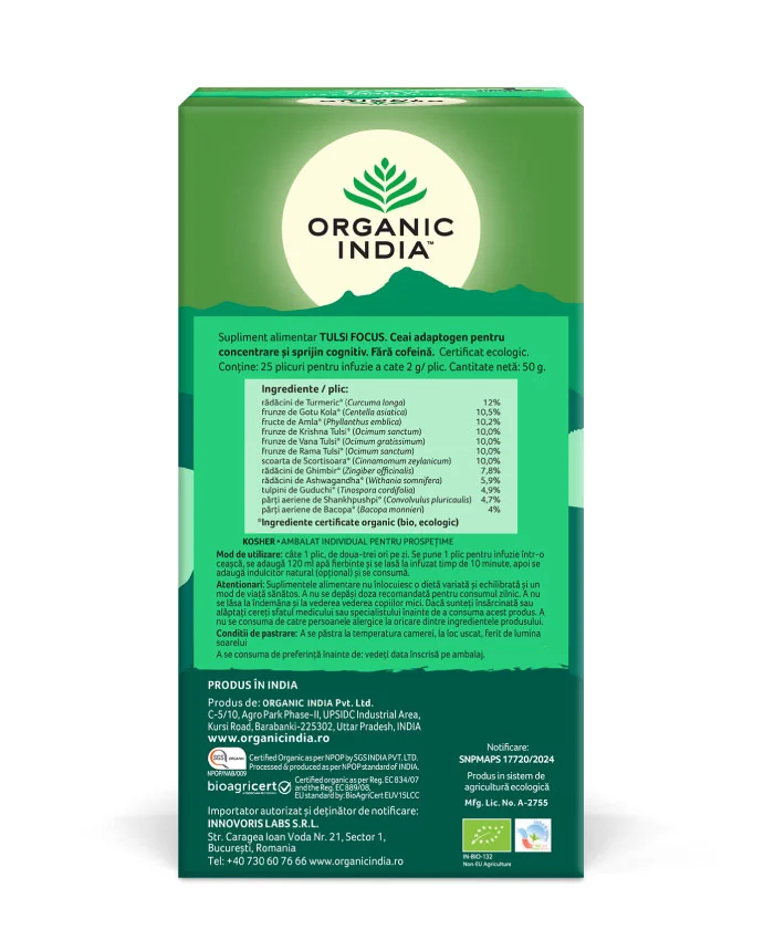 Ceai Tulsi focus, 25 plicuri, Organic India