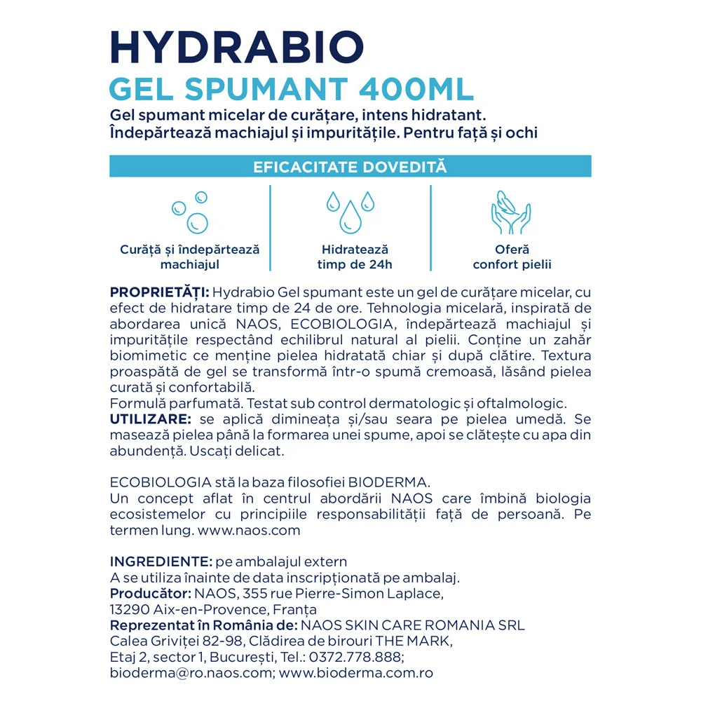 Gel spumant micelar de curatare intens hidratant Hydrabio, 400ml, Bioderma