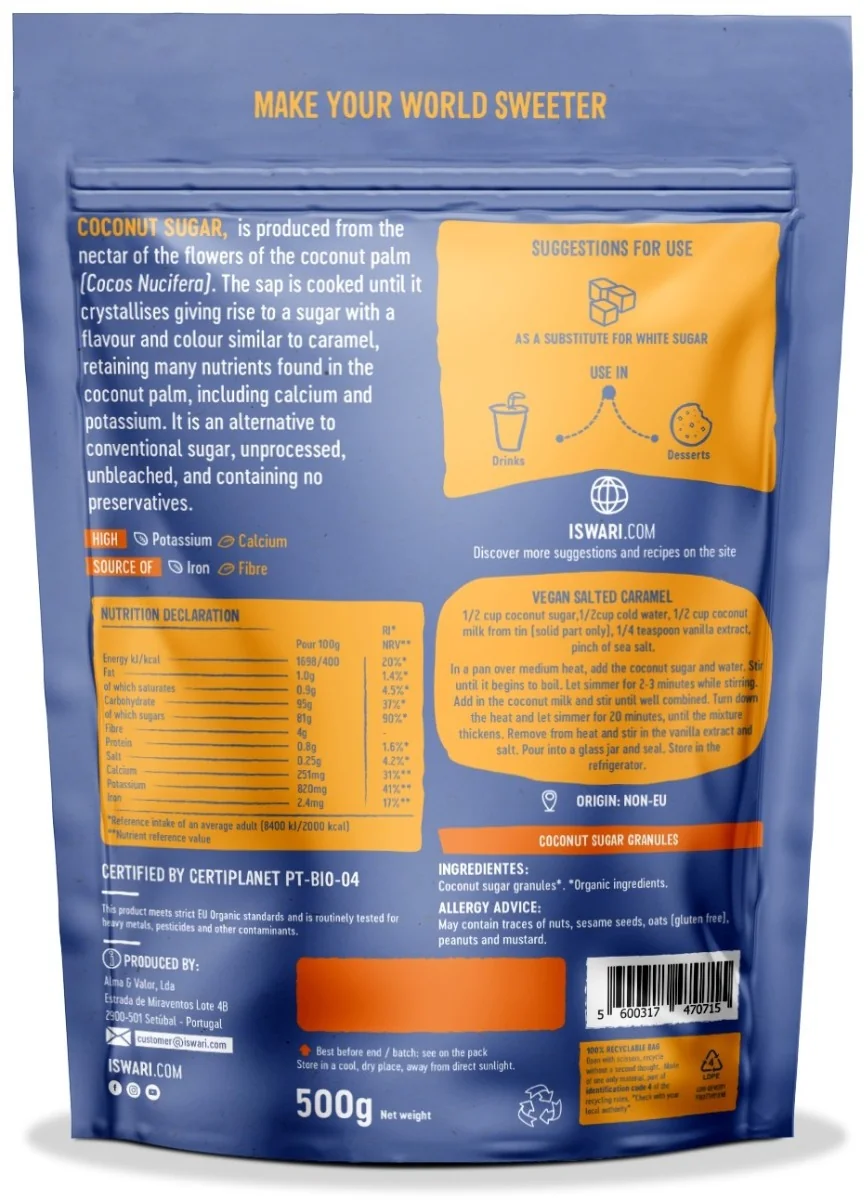 Zahar din flori de cocos bio, 500g, Iswari