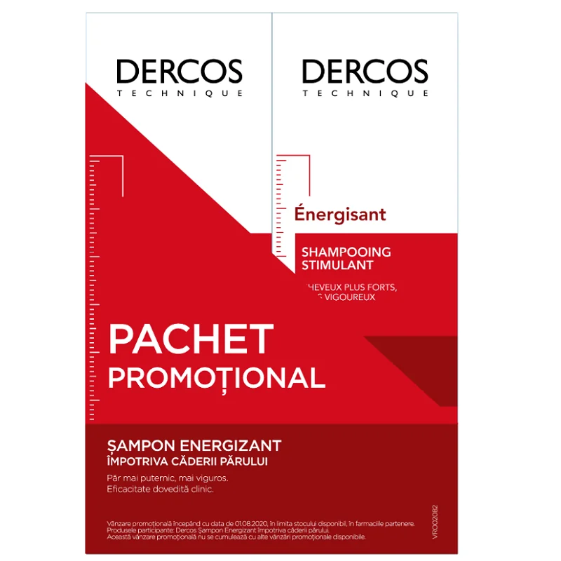 Pachet Sampon energizant impotriva caderii parului Dercos 1 + 50% reducere la al doilea produs, 2 x 200ml, Vichy