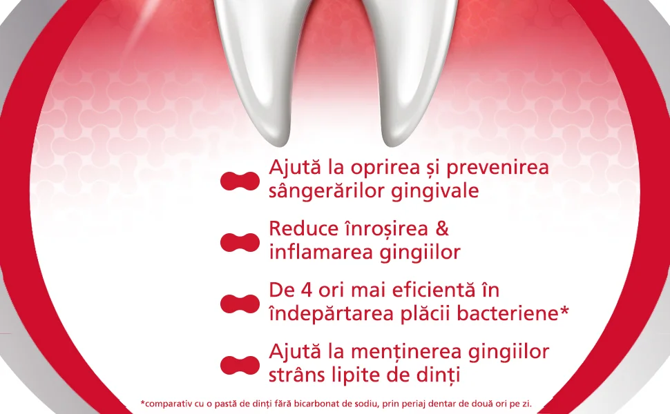 4 beneficii: oprire si prevenire sangerari gingivale, reduce inrosirea si inflamarea gingiilor, de 4 ori mai eficienta impotriva bacteriilor, ajuta la mentinerea gingiilor strans lipite de dinti 4 beneficii: oprire si prevenire sangerari gingivale, reduce inrosirea si inflamarea gingiilor, de 4 ori mai eficienta impotriva bacteriilor, ajuta la mentinerea gingiilor strans lipite de dinti