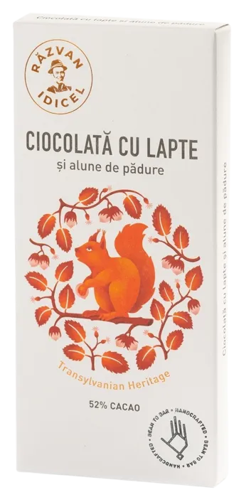 Ciocolata 54% cacao cu lapte si alune de padure, 80g, Idicel Razvan