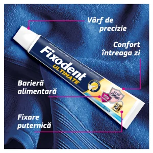 Tubul de adeziv dentar Fixodent Ultimate prezentat pe un fundal texturat albastru, evidentiind caracteristici precum aplicare precisa si confort de durata. Tubul de adeziv dentar Fixodent Ultimate prezentat pe un fundal texturat albastru, evidentiind caracteristici precum aplicare precisa si confort de durata.