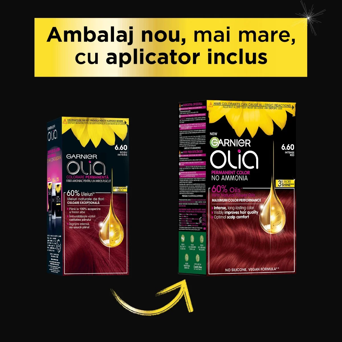Vopsea de par permanenta fara amoniac 6.60 Intense Red Olia, 174ml, Garnier