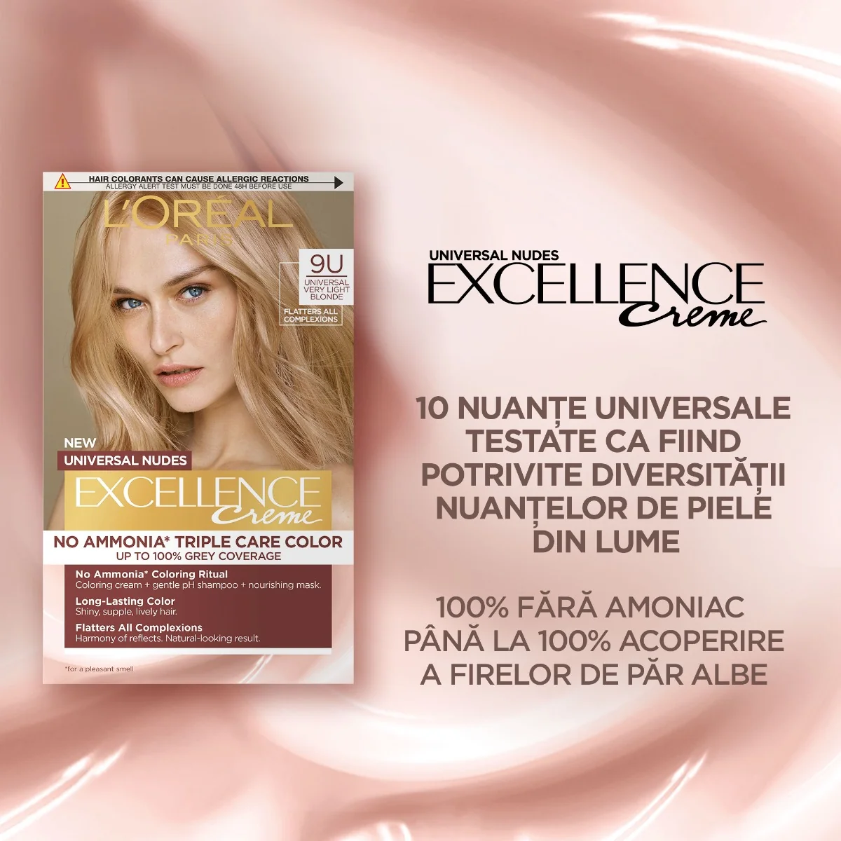 Vopsea de par permanenta fara amoniac Excellence Universal Nudes 9U Very Light Blonde, 192ml, L'Oreal Paris
