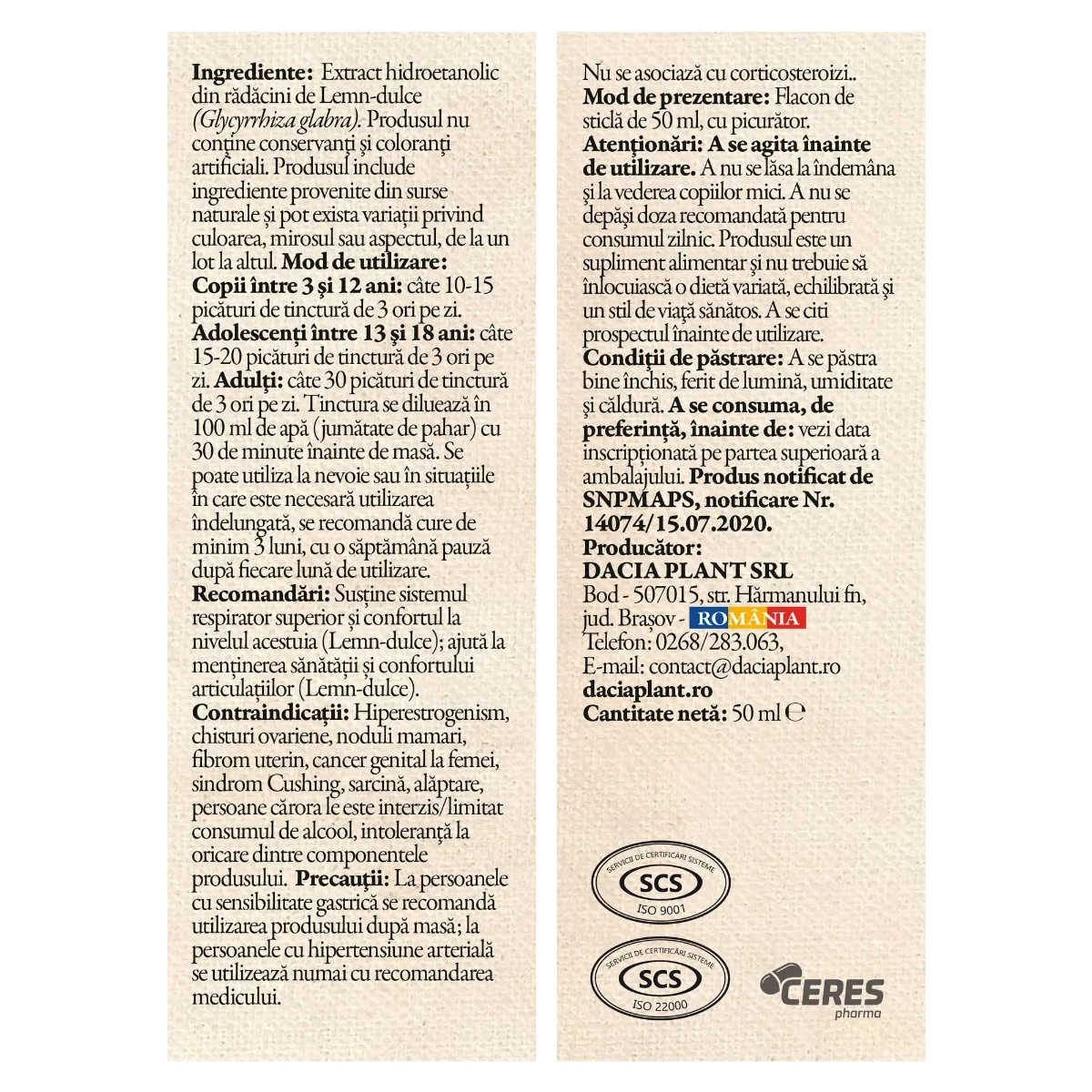 Tinctura de lemn dulce, 50ml, Dacia Plant