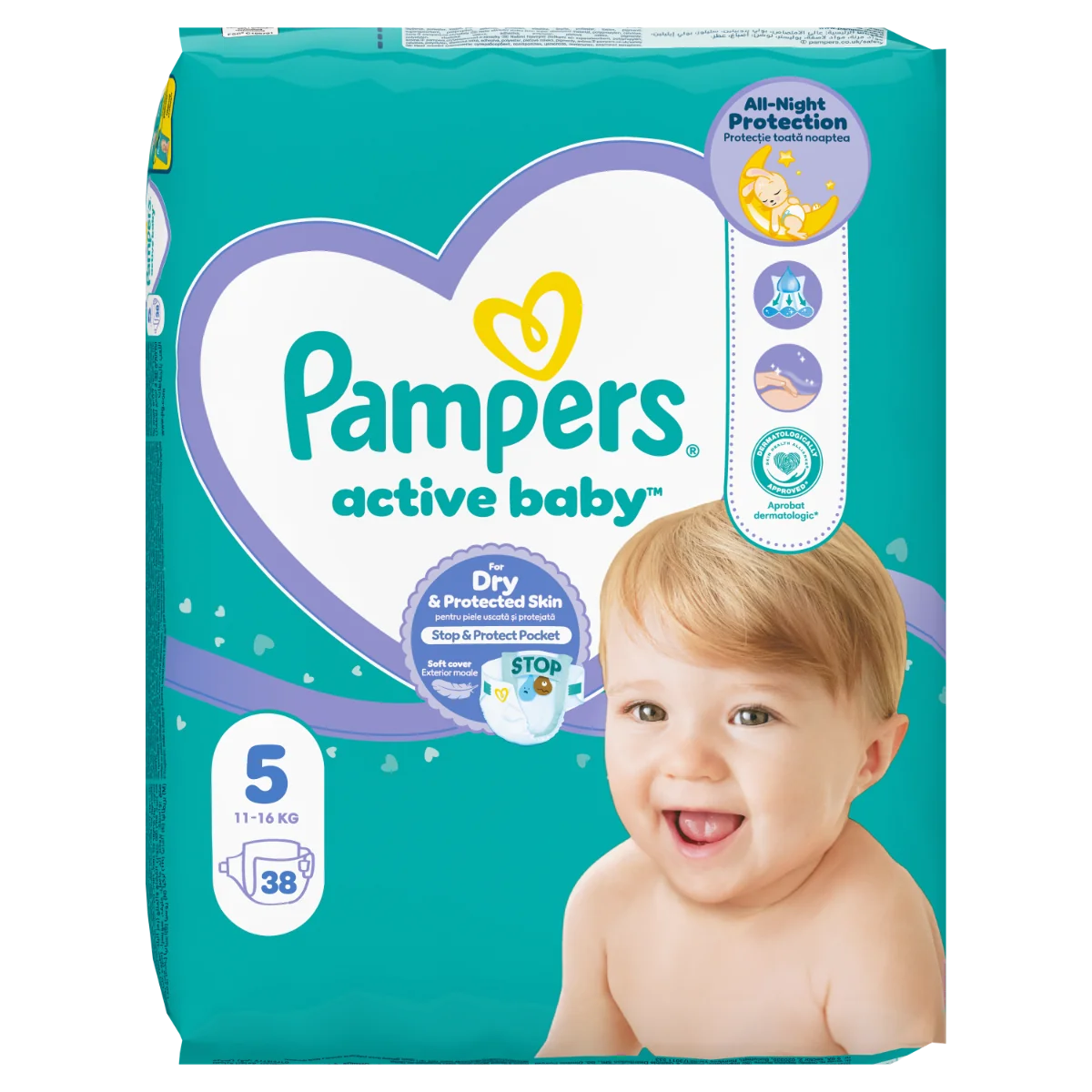 Scutece Active Baby Marimea 5 pentru 11-16 kg, 38 bucati, Pampers