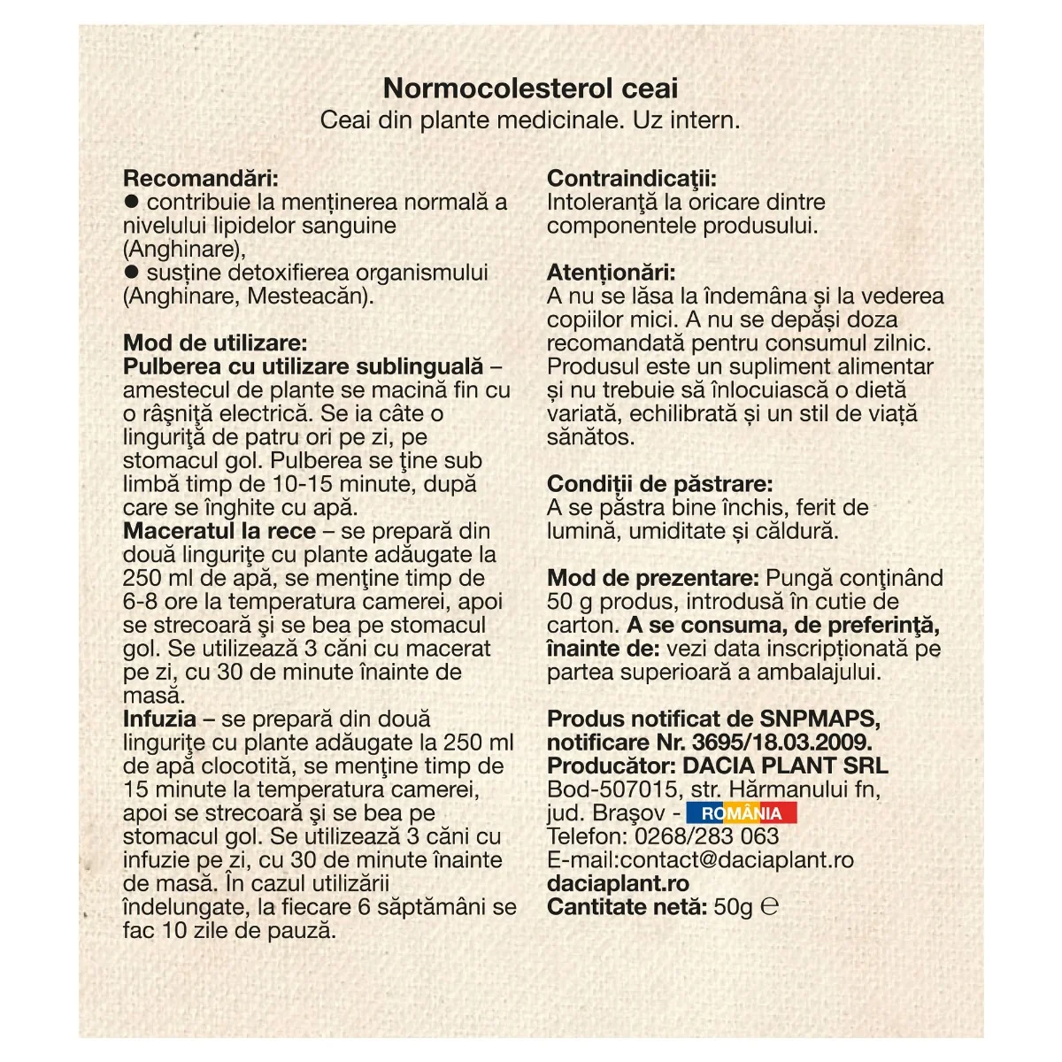 Ceai Normocolesterol, 50g, Dacia Plant