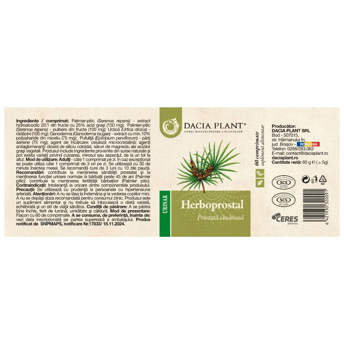 Herboprostal, 60 comprimate, Dacia Plant 