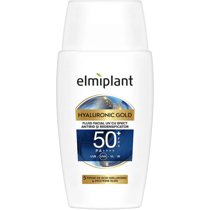 Fluid facial cu efect antirid SPF50+ Hyaluronic Gold, 50ml, Elmiplant
