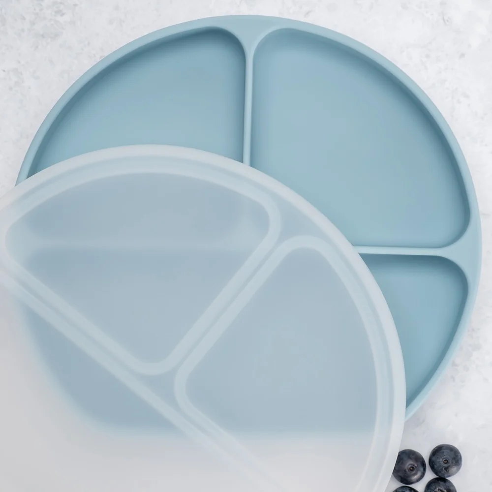 Farfurie compartimentata din silicon cu ventuza si capac Aqua Blue 6 luni+, 1 bucata, Appekids