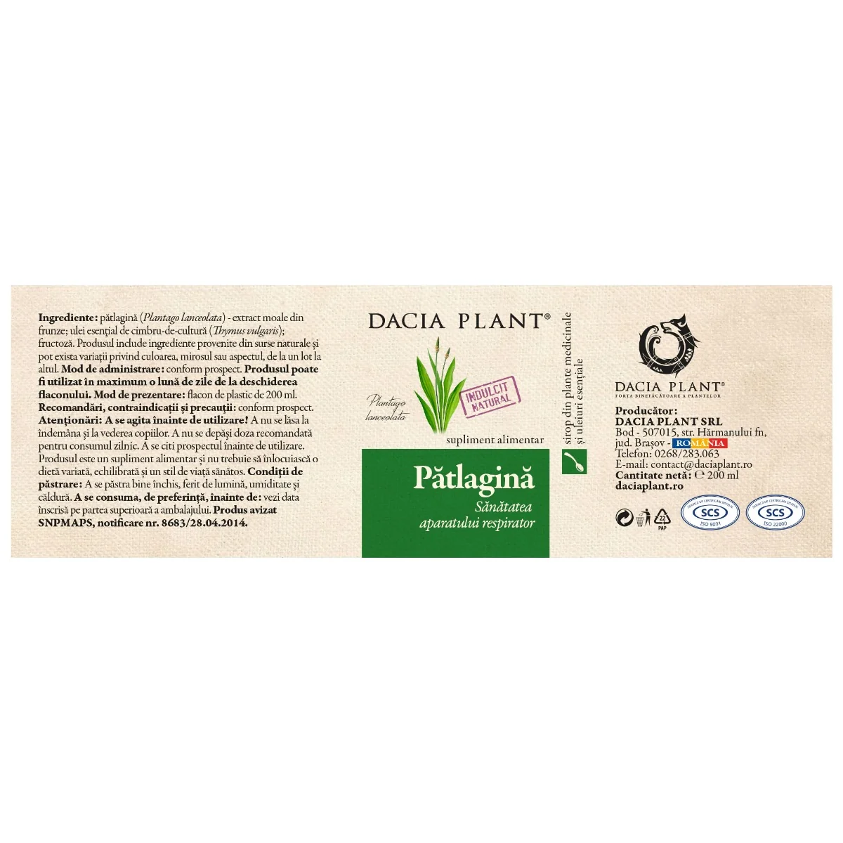Sirop de patlagina, 200ml, Dacia Plant