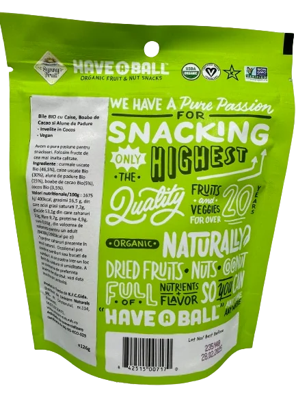 Bile organice cu caise boabe de cacao si nuci invelite in cocos, 126g, Sunny Fruit