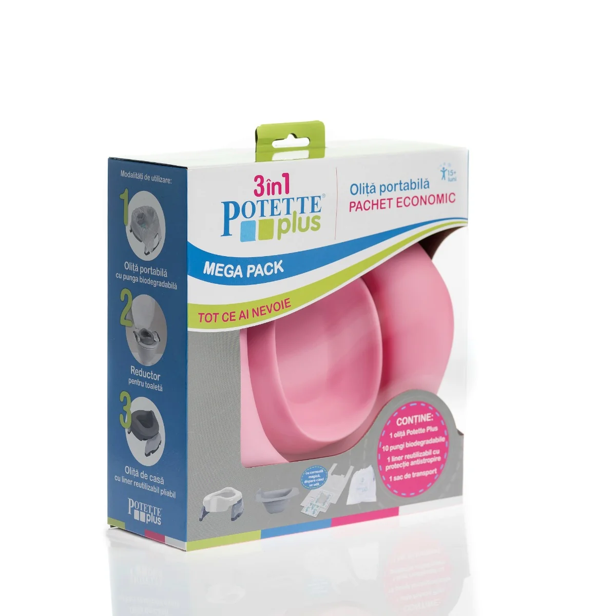 Set Roz 3 in 1 Olita portabila + Liner + 10 saci biodegradabili, Potette Plus