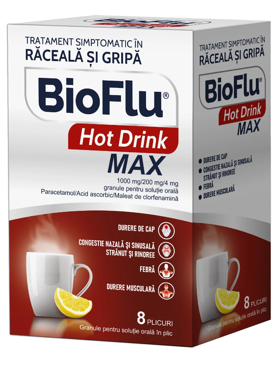 Bioflu Hot Drink Max 1000 mg/200 mg/4 mg granule pentru suspensie orala, 8 plicuri, Biofarm