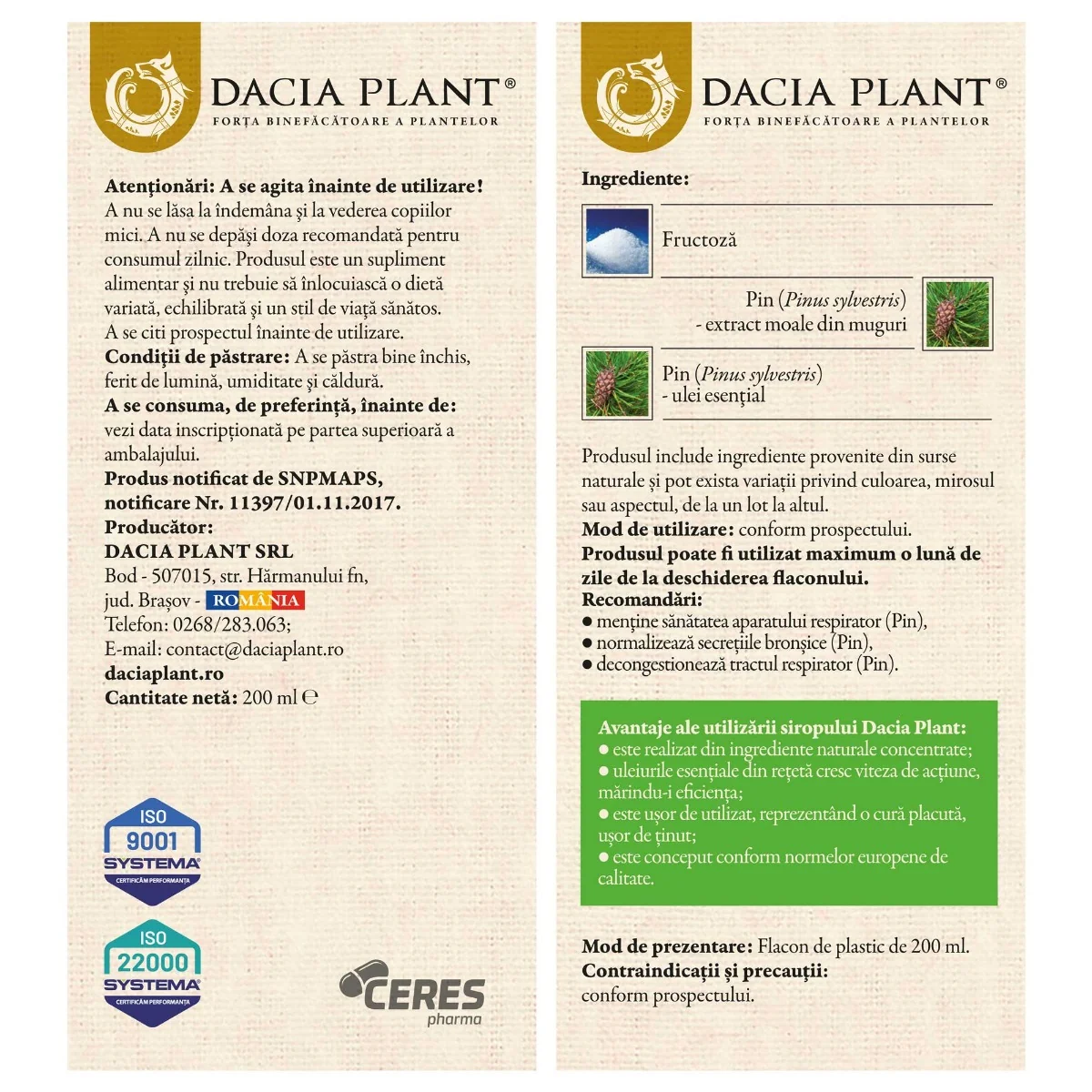 Sirop Muguri de Pin, 200 ml, Dacia Plant