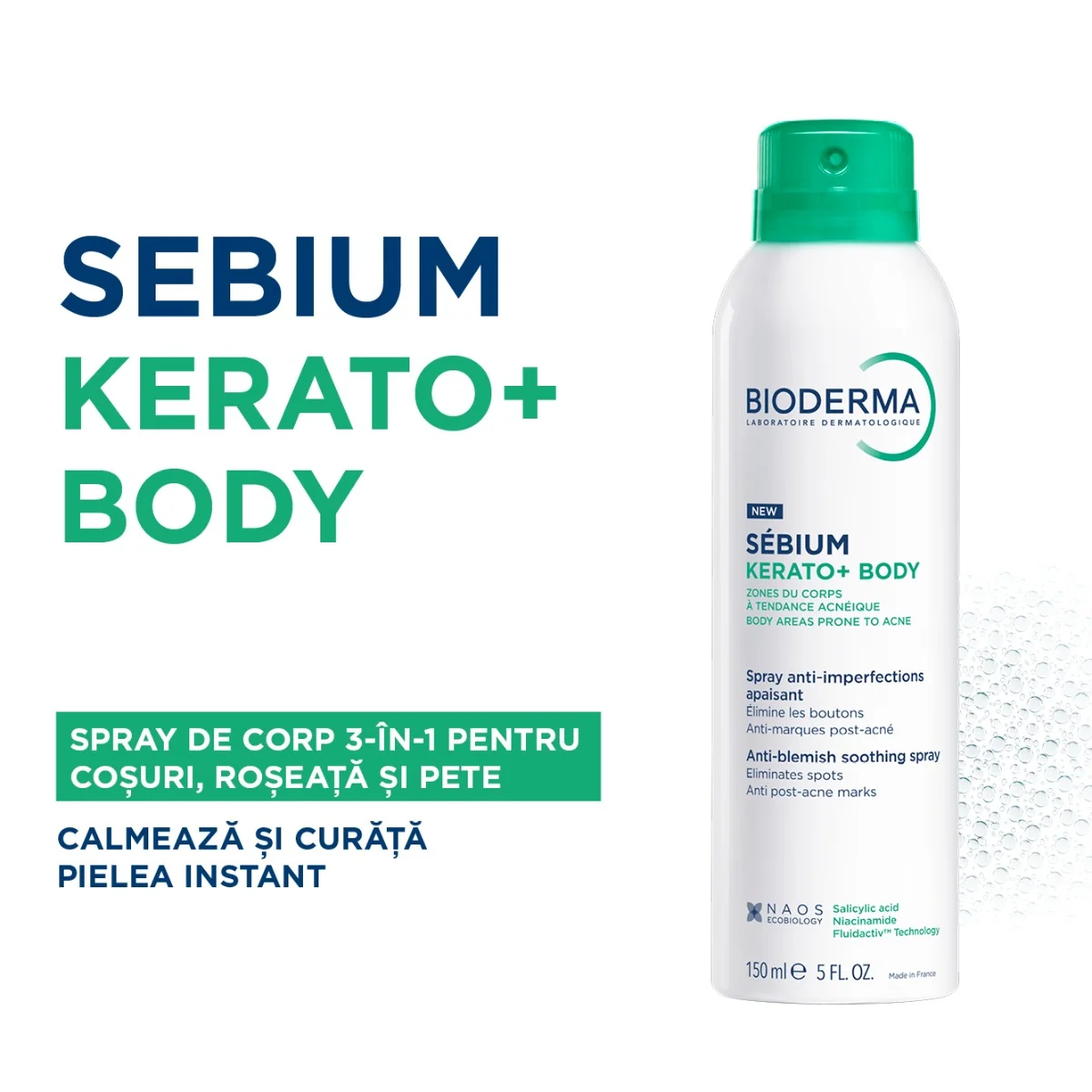 Spray de corp calmant anti-imperfectiuni Kerato+ Sebium, 150ml, Bioderma