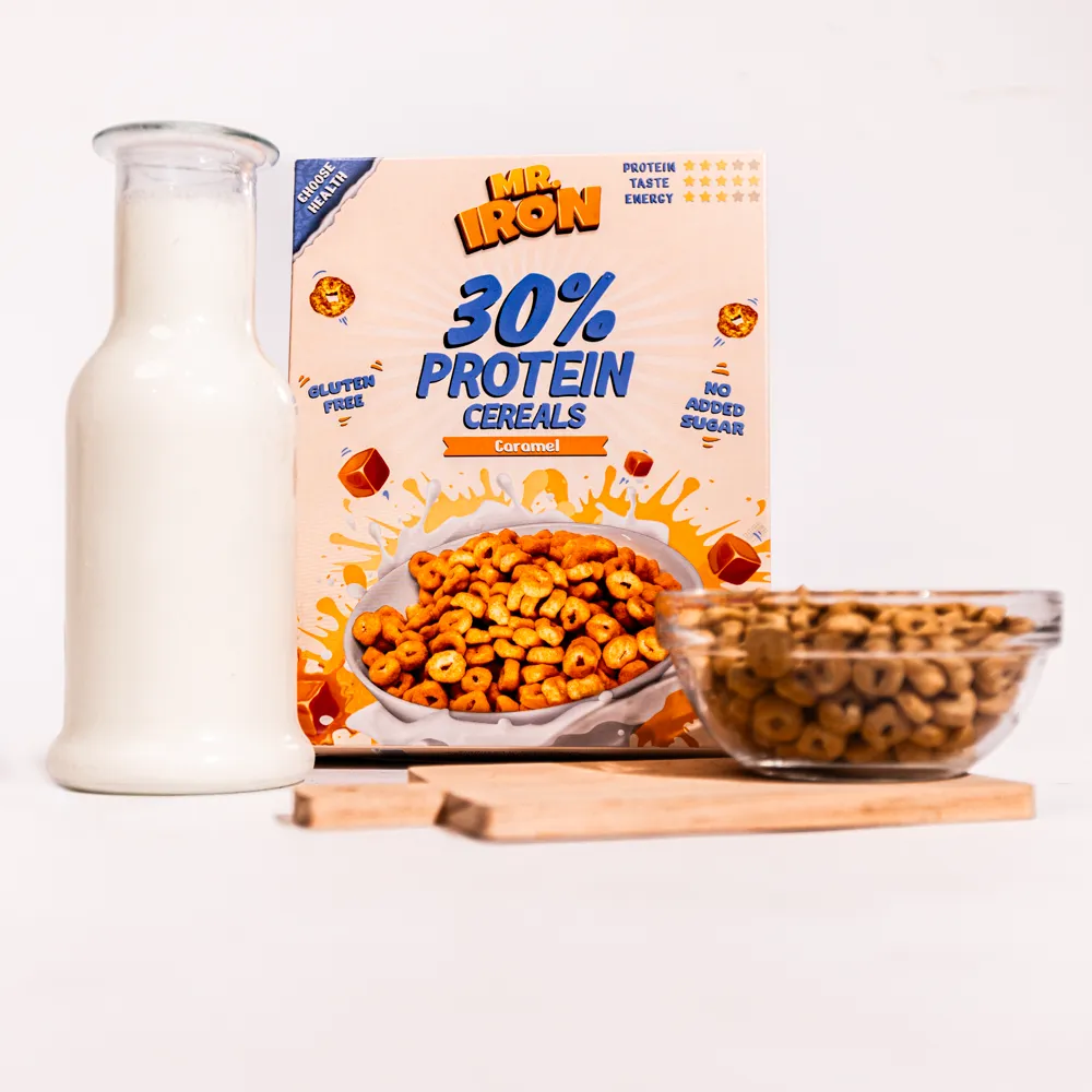Cereale cu 30% proteina fara zahar low-carb gluten free si vegane Caramel Sarat, 250g, Mr. Iron 