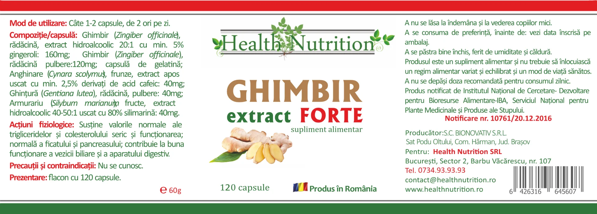 Ghimbir Extract Forte 100% natural, 120 capsule, Health Nutrition
