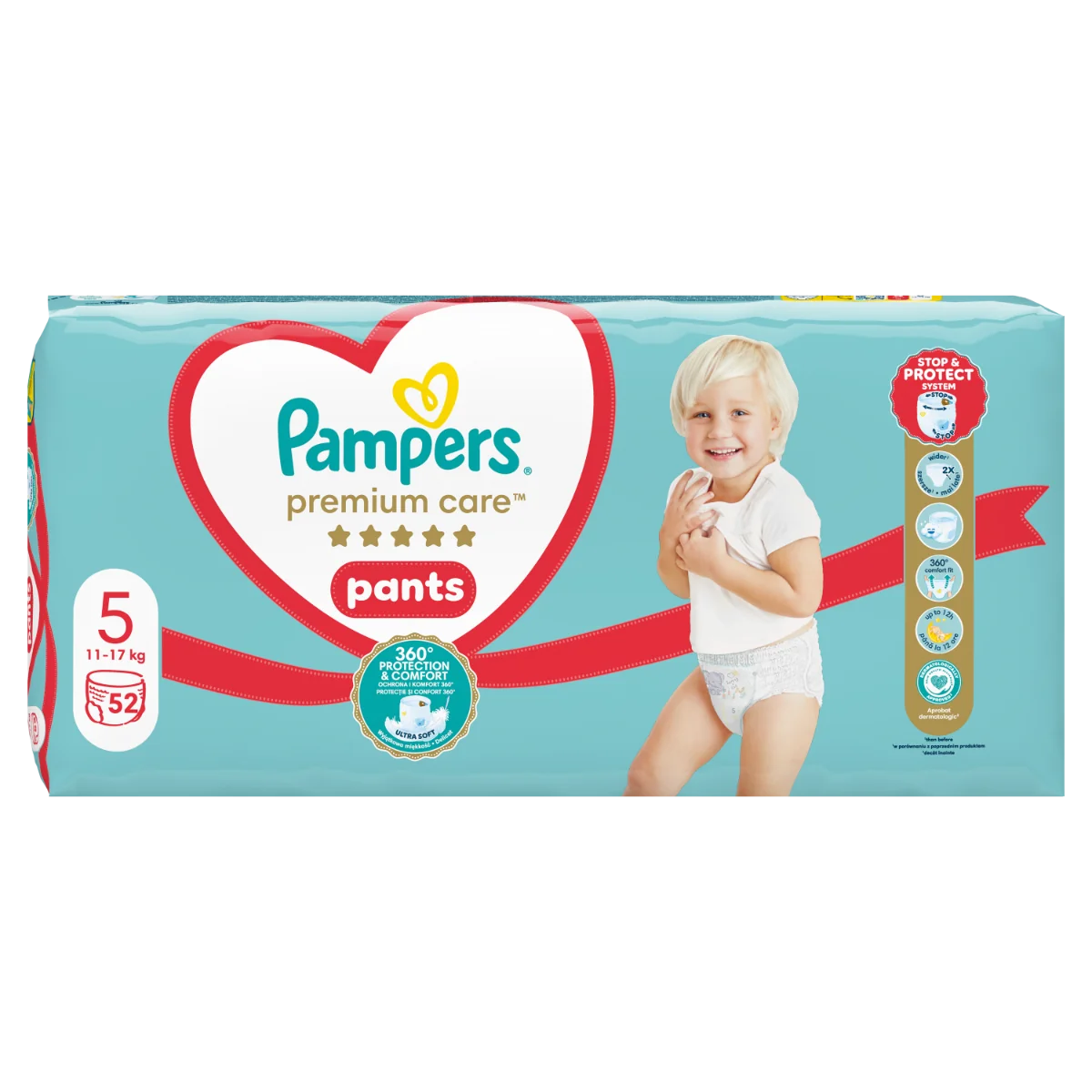Scutece chilotel Premium Care Pants Mega Box Marimea 5 12-17 kg, 52 buc, Pampers 
