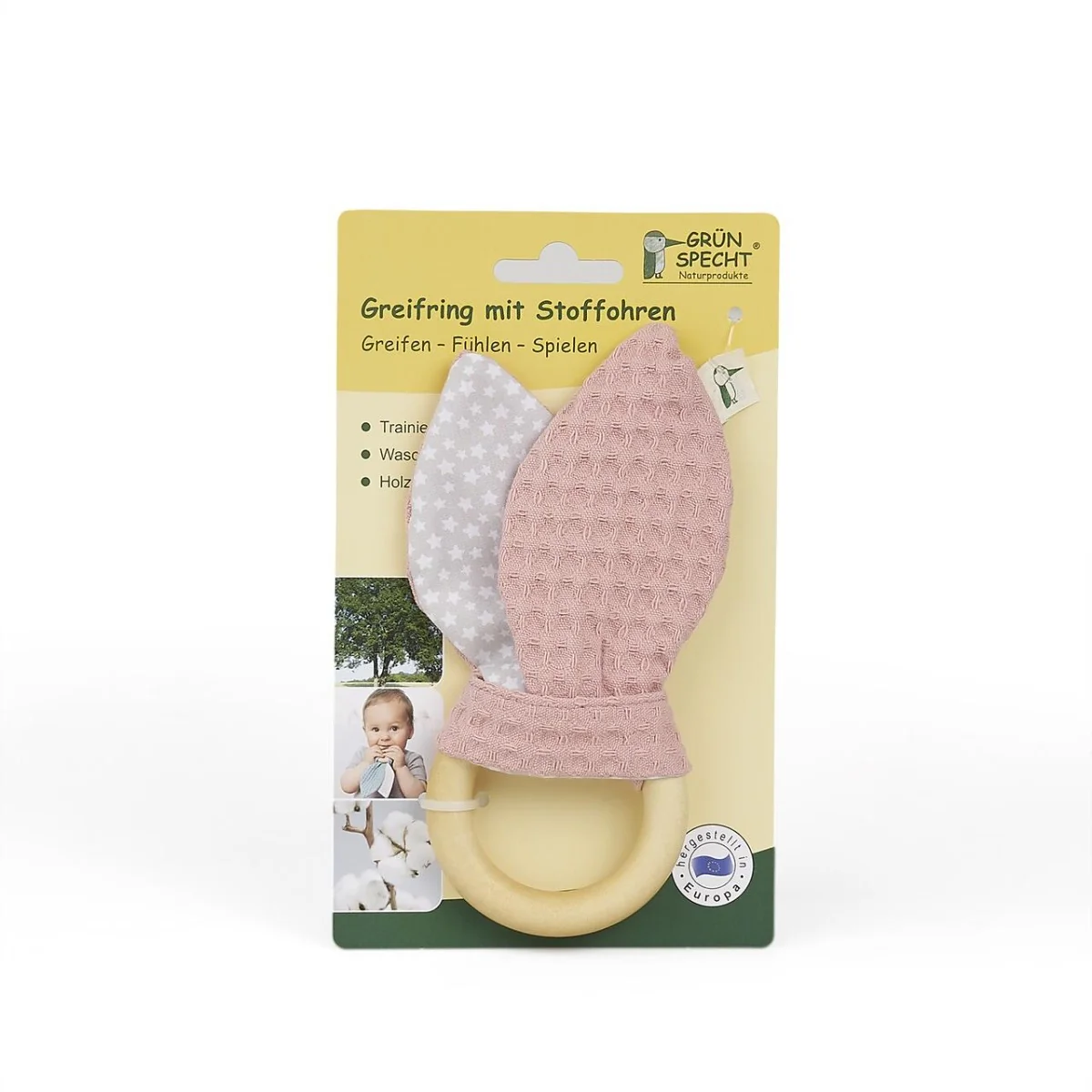 Jucarie cu inel de prindere din lemn si urechi din material textil roz 571-V2, 1 bucata, Grunspecht