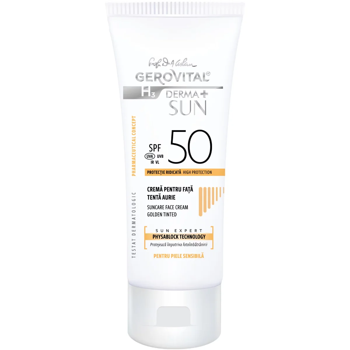 Crema de fata cu tenta aurie SPF 50 H3 Derma+ Sun, 50ml, Gerovital