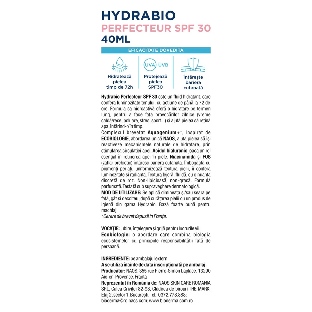 Fluid hidratant cu factor de protectie SPF30 Hydrabio Perfecteur, 40ml, Bioderma