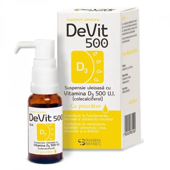 Suspensie uleioasa cu picurator Vitamina D3 DeVit 500, 20ml, Pharma Brands