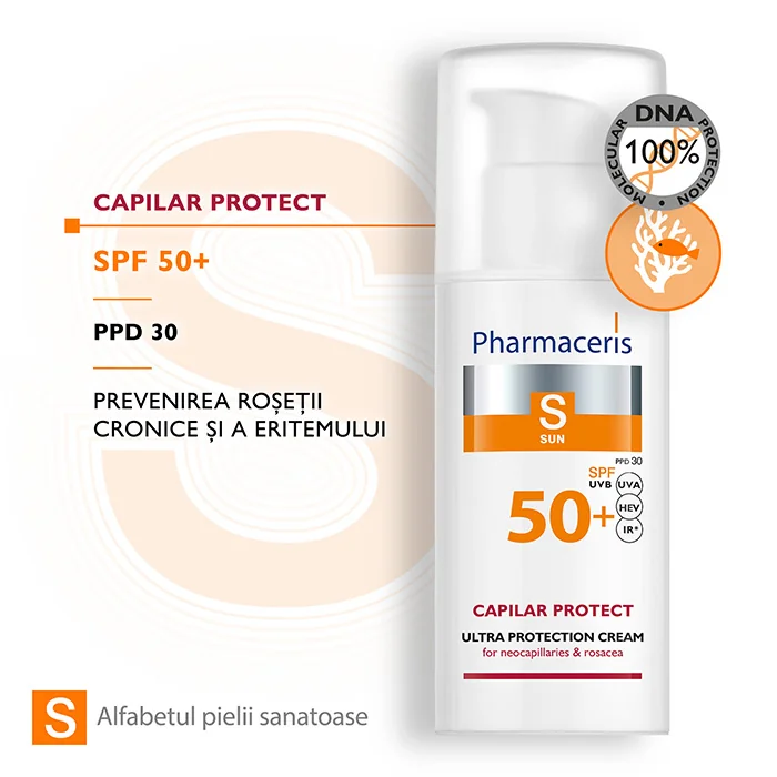 Crema de fata cu protectie solara SPF50+ pentru piele sensibila si rozacee Capilar Protect S, 50ml, Pharmaceris
