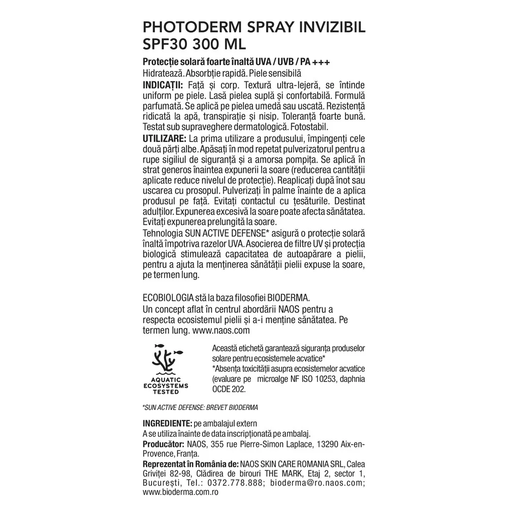 Spray invizibil pentru protectie solara SPF30 Photoderm, 300ml, Bioderma