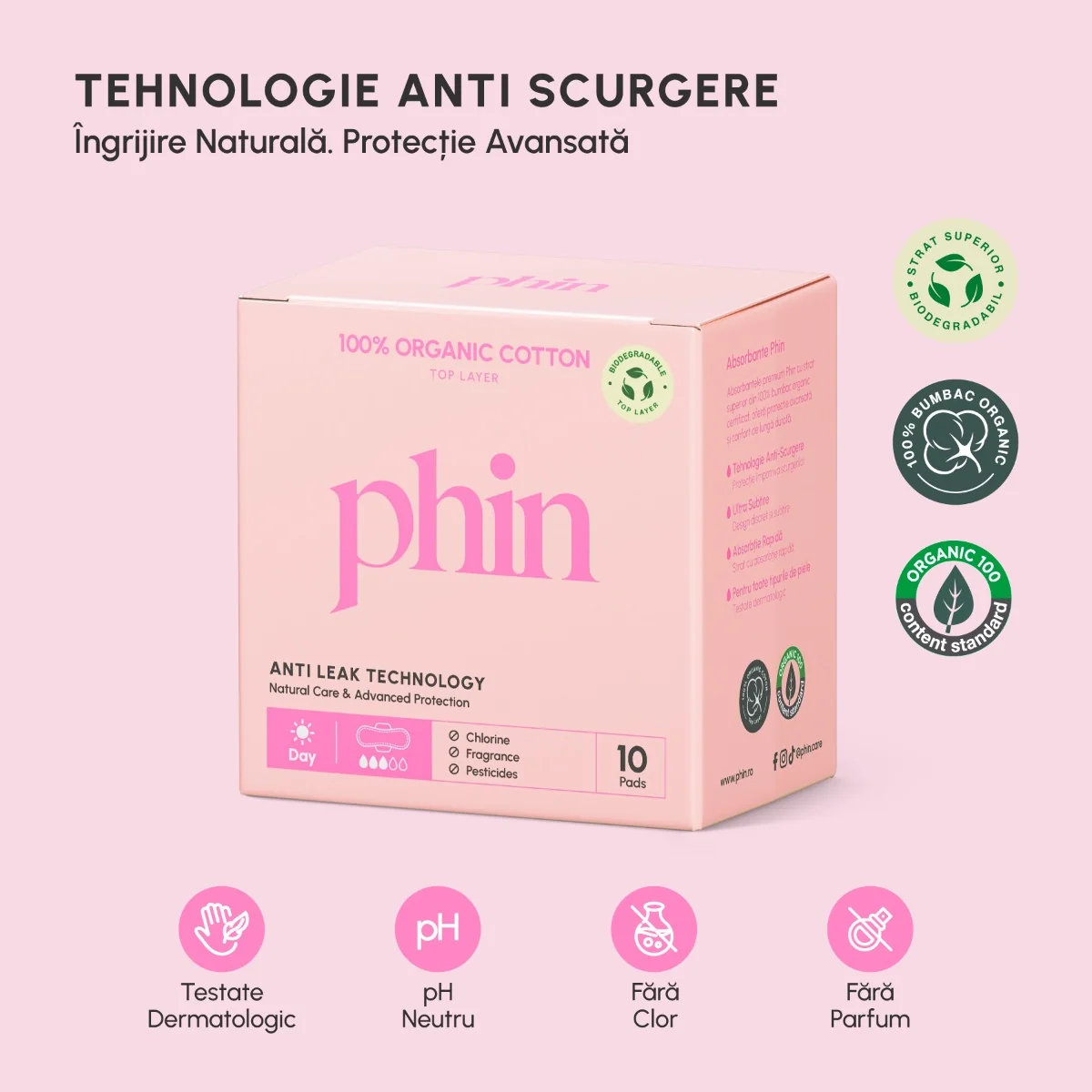 Absorbante pentru zi din bumbac organic, 10 bucati, Phin 