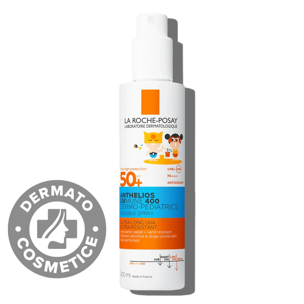 Spray invizibil cu protectie solara potrivit pentru pielea sensibila sau cu tendinta atopica a copiilor SPF50+ Anthelios UVMUNE 400 Dermo-Pediatrics, 200ml, La Roche-Posay