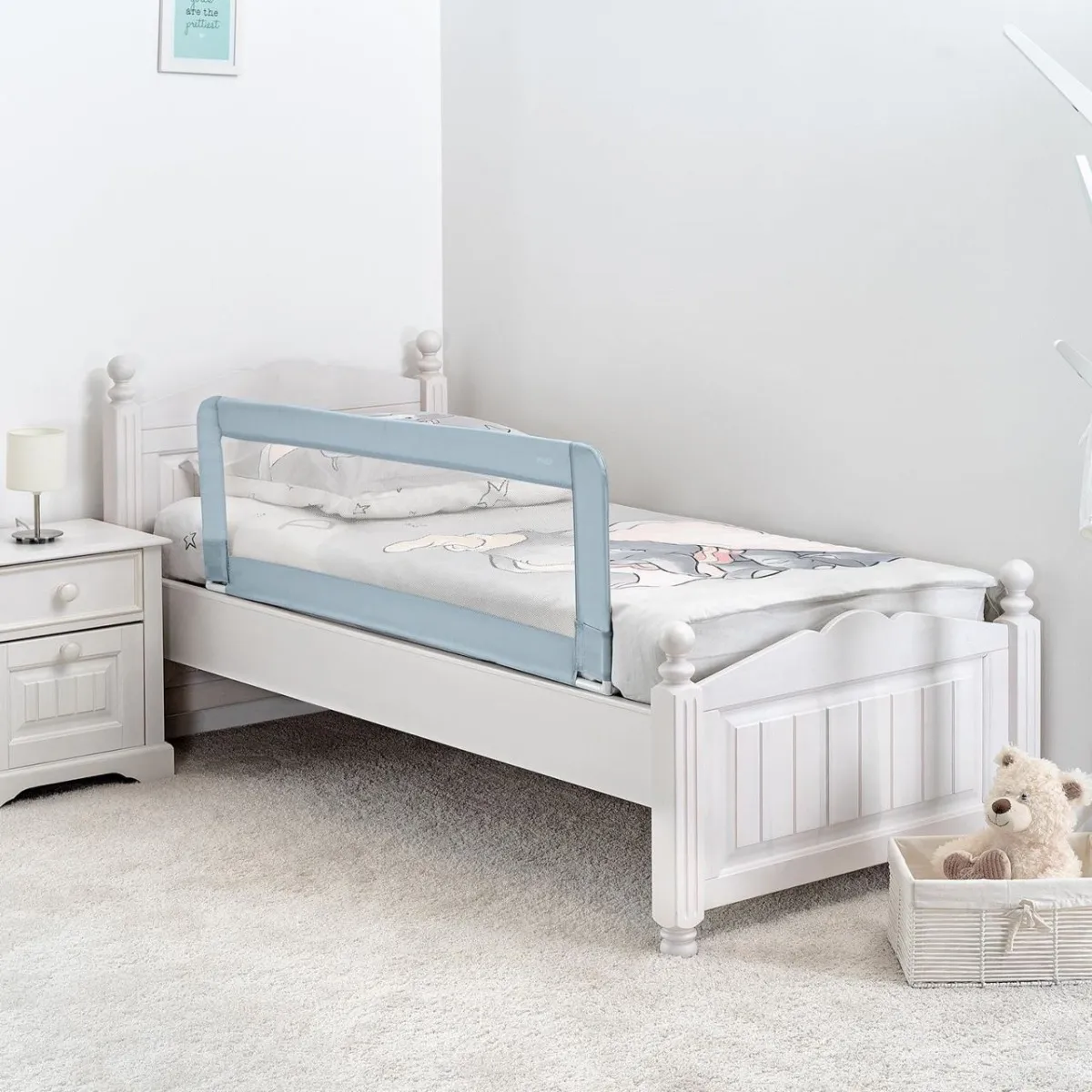 Bariera de protectie pat pentru bebelusi Albastru-gri XL 45111, 150cm, Reer 