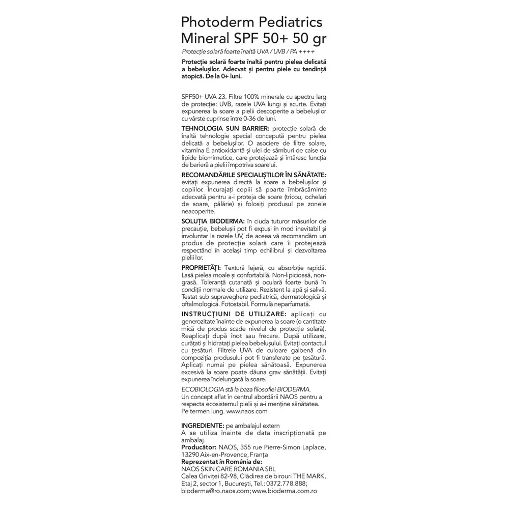 Fluid cu protectie solara SPF 50+ pentru copii Photoderm Pediatrics Mineral, 50g, Bioderma