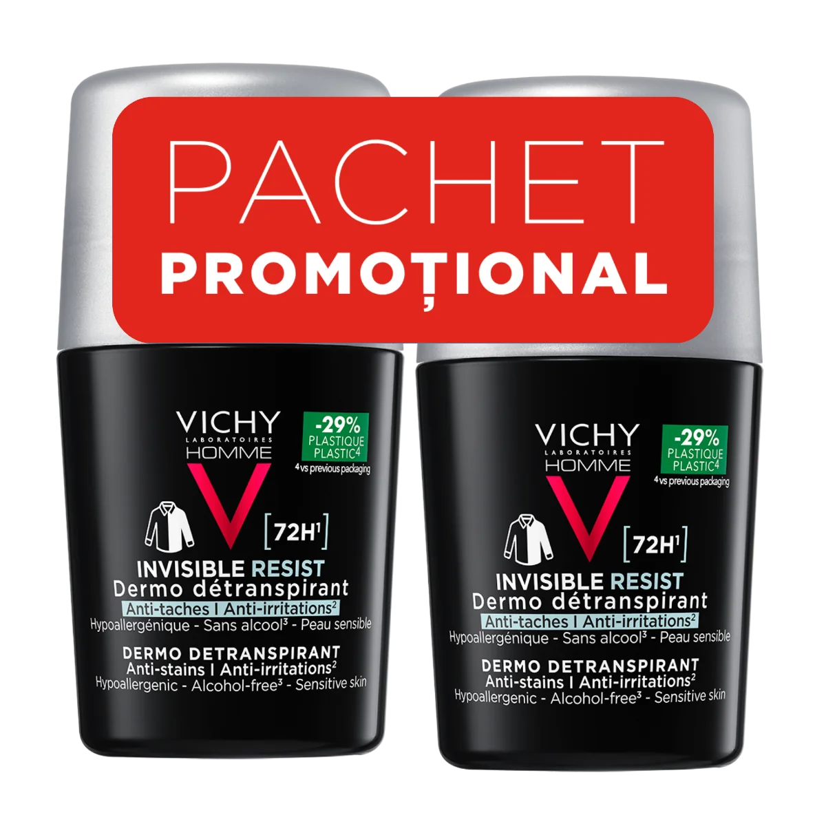 Pachet Deodorant Homme roll-on Invisible Resist 72H, 2 x 50ml, Vichy