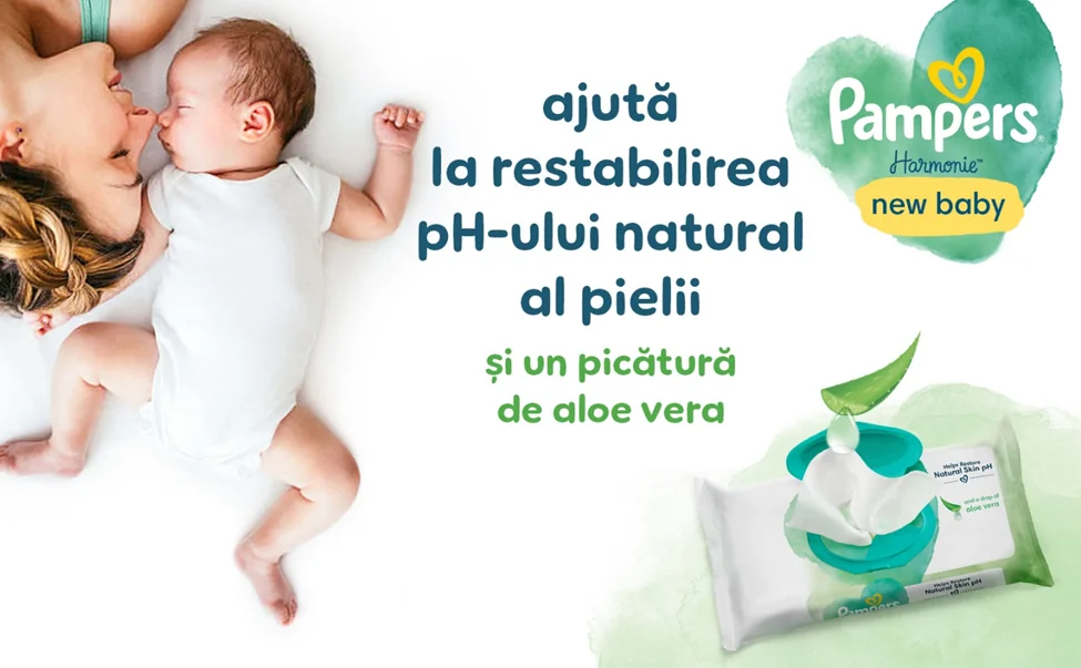 Mama si nou-nascut alaturi de servetele Pampers Harmonie New Baby, cu aloe vera, pentru mentinerea pH-ului natural al pielii. Mama si nou-nascut alaturi de servetele Pampers Harmonie New Baby, cu aloe vera, pentru mentinerea pH-ului natural al pielii.