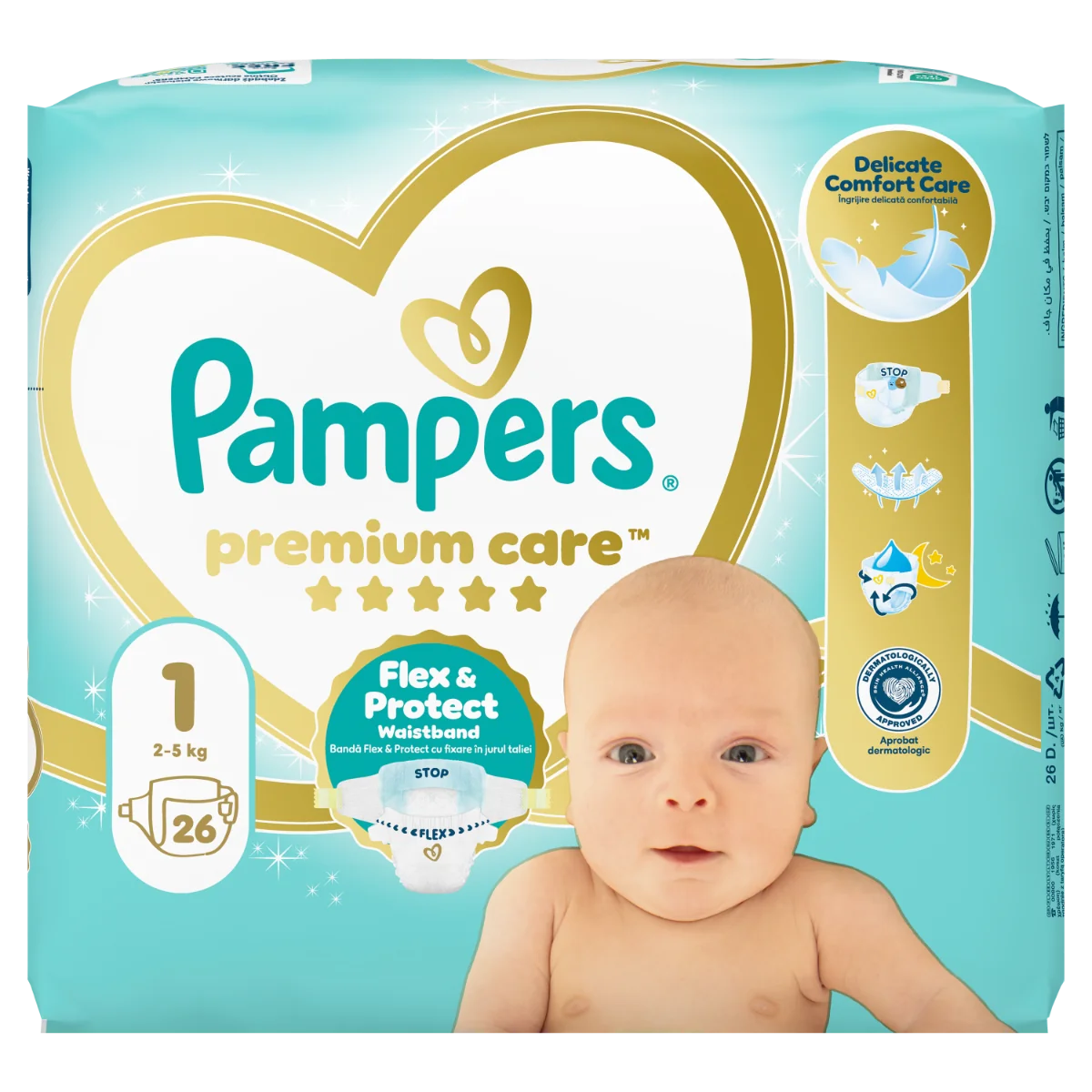 Scutece pentru copii Premium Care 2-5kg Marimea 1, 26 bucati, Pampers