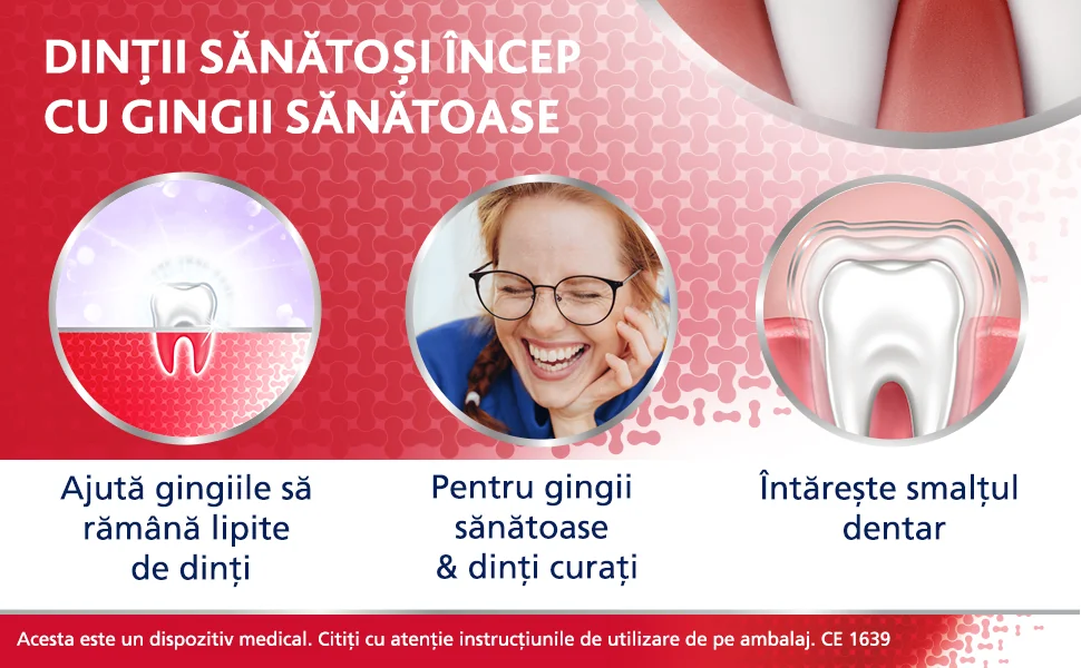 Text Dintii sanatosi incep cu gingii sanatoase; o femeie care zambeste Text Dintii sanatosi incep cu gingii sanatoase; o femeie care zambeste