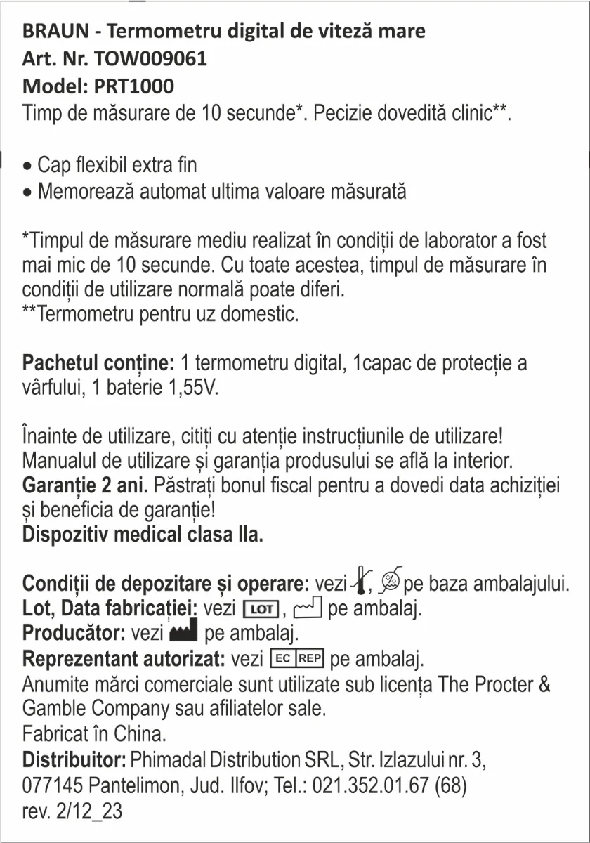 Termometru digital 3 in 1 cu varf flexibil, 1 bucata, Braun