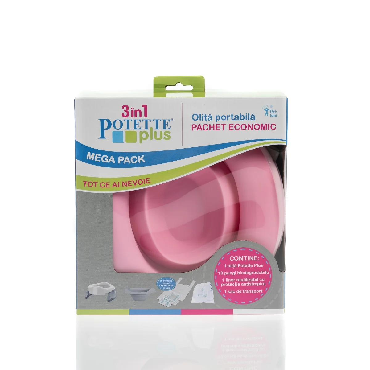 Set Roz 3 in 1 Olita portabila + Liner + 10 saci biodegradabili, Potette Plus
