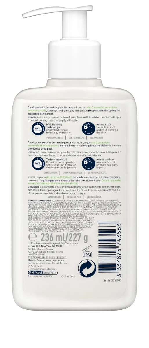 Crema de curatare spumanta si hidratanta pentru ten normal-uscat, 236ml, CeraVe
