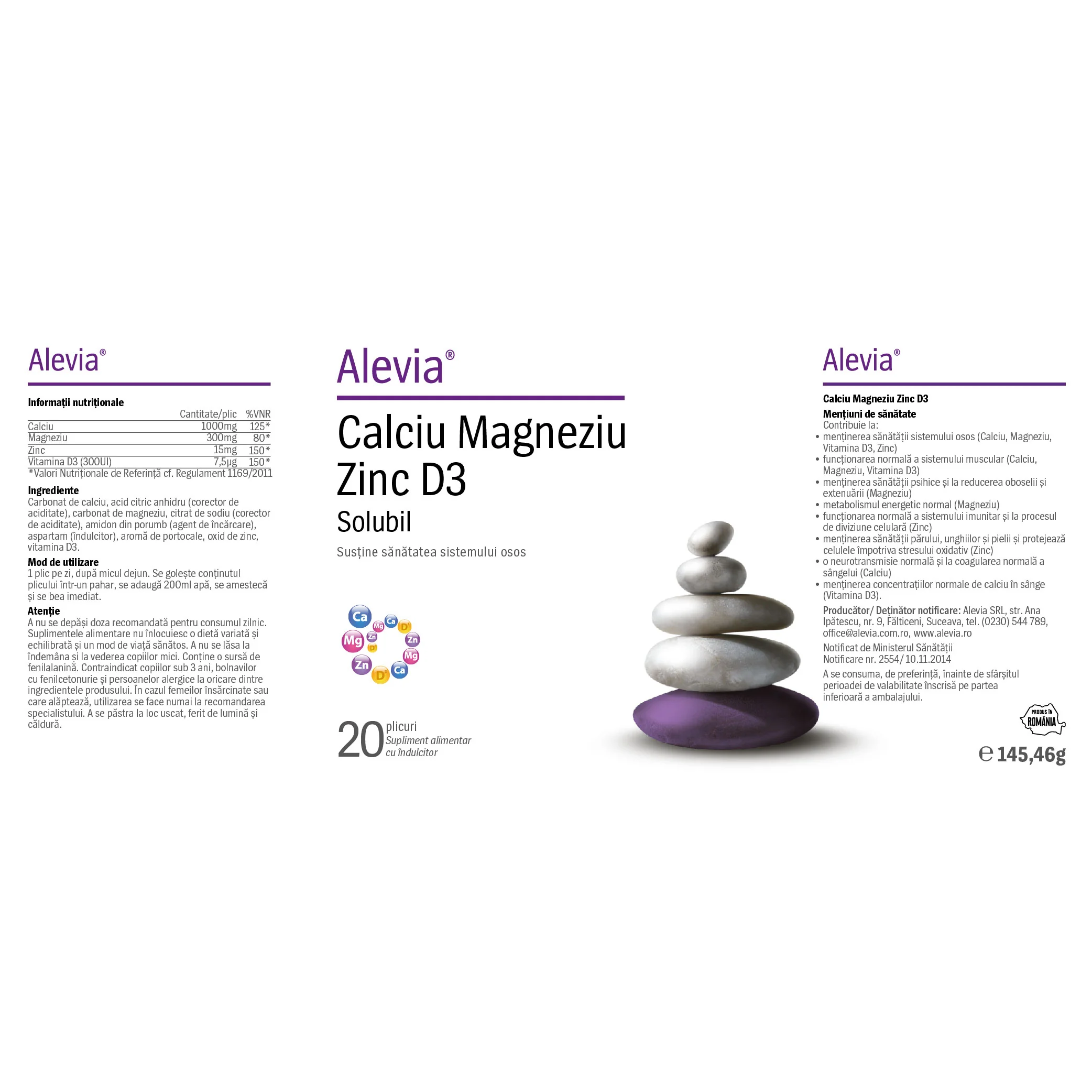 Calciu Magneziu Zinc, 20 plicuri, Alevia