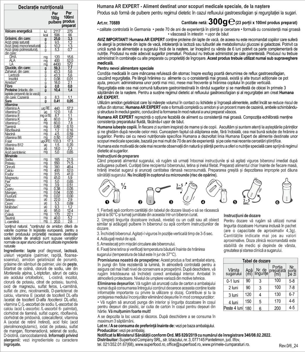 Formula speciala de lapte AR Expert +0 luni, 300g, Humana