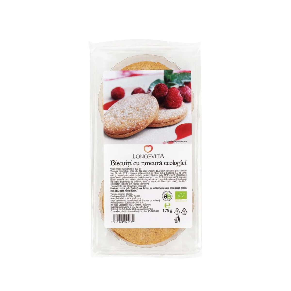 Biscuiti cu crema de zmeura Bio, 175g, Longevita