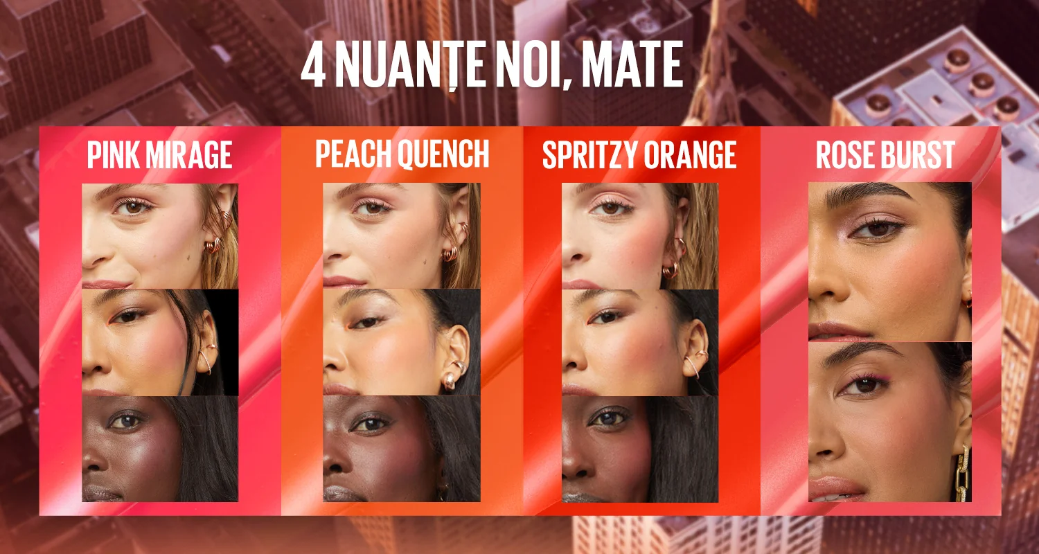 Nuante noi Maybelline Sunkisser: Pink Mirage, Peach Quench, Spritzy Orange si Rose Burst. Nuante noi Maybelline Sunkisser: Pink Mirage, Peach Quench, Spritzy Orange si Rose Burst.