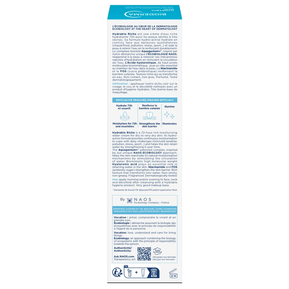 Crema intens hidratanta pe baza de apa cu efect 72h pentru piele deshidratata uscata si foarte uscata Hydrabio Riche, 40ml, Bioderma